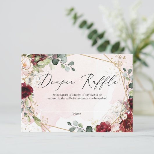 バーガンディーの深い赤い花の金のフレームおむつくじ エンクロージャーカード (スタンド正面)