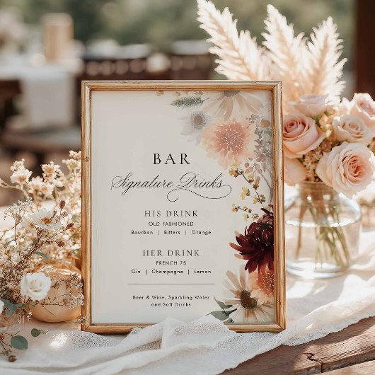 バーガンディーの秋の花の結婚式サイン バー メニュー ポスター