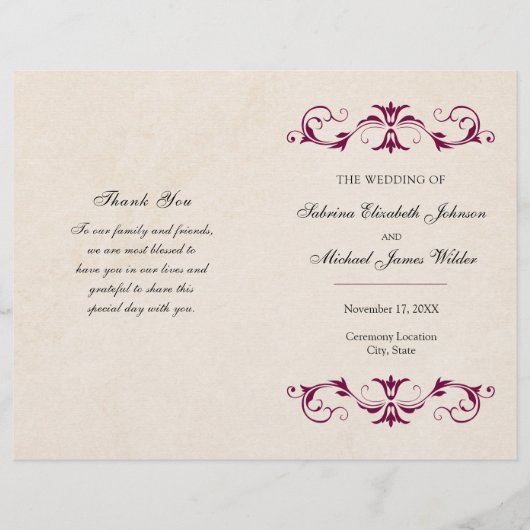 バーガンディーの結婚式の折りたたみプログラム | タン背景 (正面)