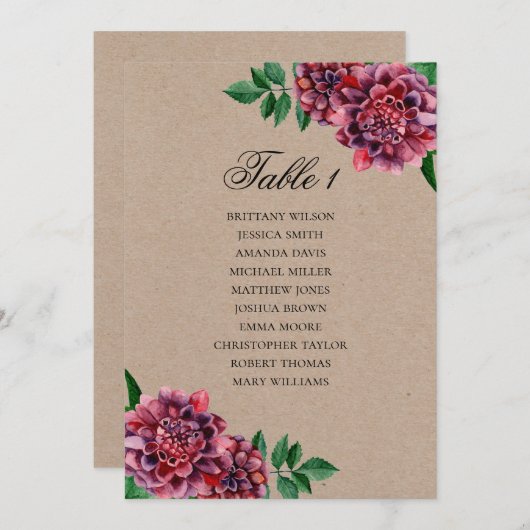 バーガンディーの結婚式席次表。ダリアのラスティックプラン 招待状 (正面/裏面)