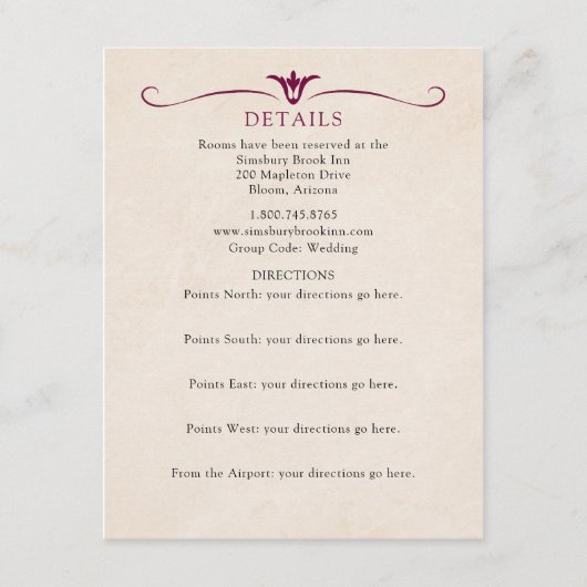 バーガンディーの結婚式詳細情報カード エンクロージャーカード (正面)