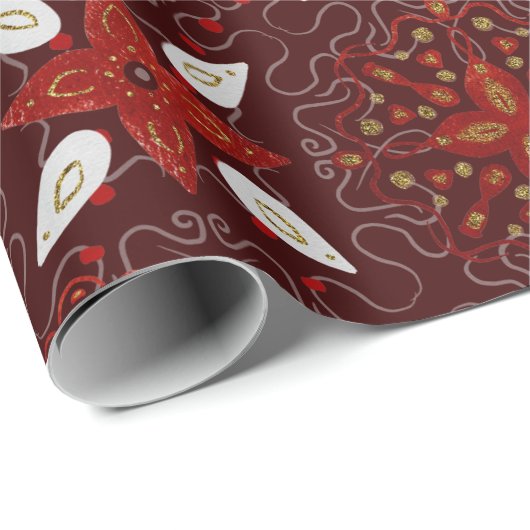 バーガンディーの背景に赤と白の花のモザイク模様 ラッピングペーパー (ロールコーナー)