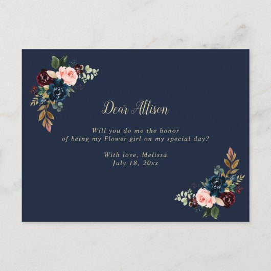 バーガンディーの花のフラワーガールカードになりますか インビテーションポストカード (裏面)