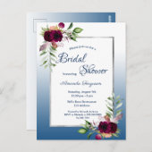 バーガンディーの花の青い結婚式前祝いの招待状 ポストカード (正面/裏面)