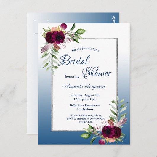 バーガンディーの花の青い結婚式前祝いの招待状 ポストカード (正面/裏面)