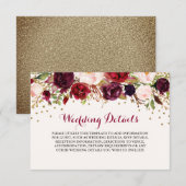 バーガンディーの花柄の結婚式の披露宴の詳細 エンクロージャーカード (正面/裏面)