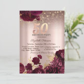 バーガンディーの花 キラキラ ローズゴールド 50歳の誕生日 招待状 (スタンド正面)