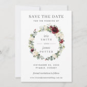 バーガンディーアイボリー フラワーの結婚式 Save the Date カード (正面)