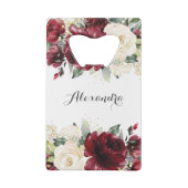 バーガンディーアイボリー ホワイト フラワー グリーンベリー ウェディング フェイバー クレジットカード栓抜き (裏面)