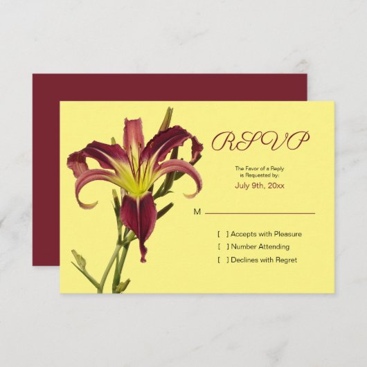 バーガンディーイエロースパイダーデイリーフラワーウェディングRSVP 出欠カード (正面/裏面)