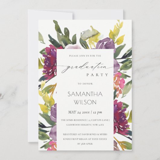 バーガンディーイエローピンクフローラフォトディセレーション招待状 サンキューカード (正面)