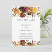 バーガンディーイエローフローラルウェディングセーブザデートカード 招待状 (スタンド正面)