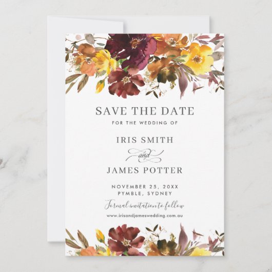 バーガンディーイエローフローラルウェディングセーブザデートカード 招待状 (正面)