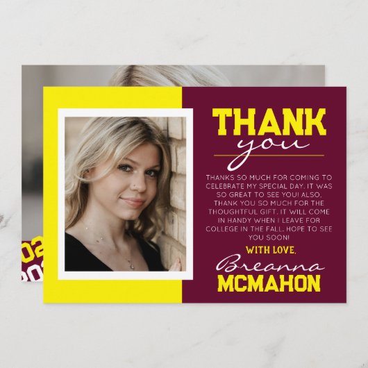 バーガンディーイエロー卒業2写真サンキューカード 招待状 (正面/裏面)
