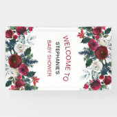 バーガンディーウォーターカラーウィンターフラワーズ誕生日 横断幕 (横)