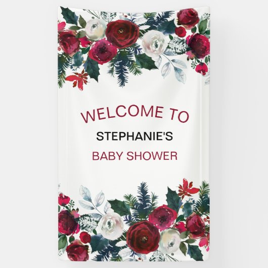 バーガンディーウォーターカラーウィンターフラワーズ誕生日 横断幕 (縦)