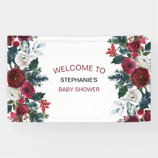 バーガンディーウォーターカラーウィンターフラワーズ誕生日 横断幕 (横)