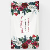 バーガンディーウォーターカラーウィンターフラワーズ誕生日 横断幕 (縦)