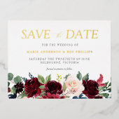 バーガンディーウォーターカラーフラワーの結婚式 Save the date 箔招待状ポストカード (正面)