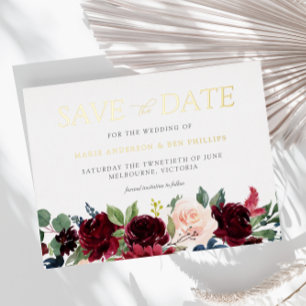 バーガンディーウォーターカラーフラワーの結婚式 Save the date 箔招待状ポストカード