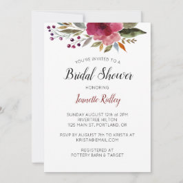 バーガンディーウォーターカラーフラワーズブライダルシャワー 招待状