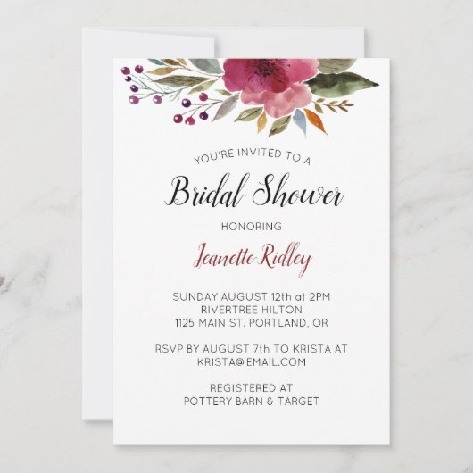 バーガンディーウォーターカラーフラワーズブライダルシャワー 招待状 (正面)