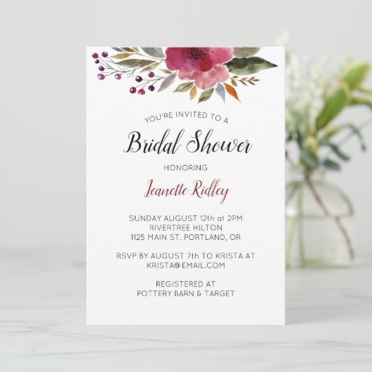 バーガンディーウォーターカラーフラワーズブライダルシャワー 招待状 (スタンド正面)