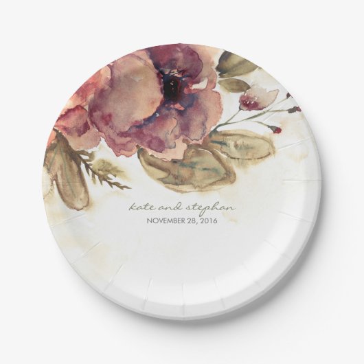 バーガンディーウォーターカラーフラワーズヴィンテージ秋 ペーパープレート (正面)