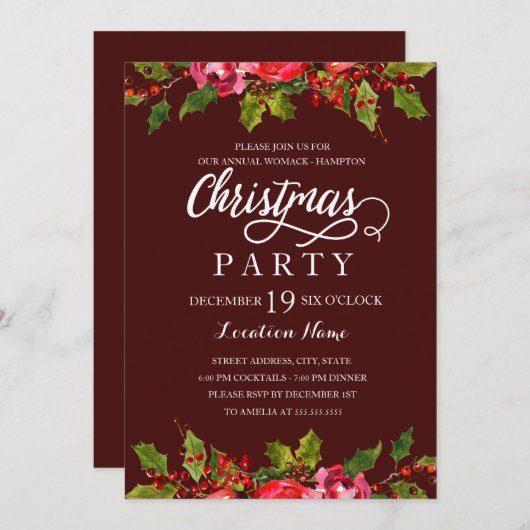 バーガンディーウォーターカラーホリーリーフクリスマスパーティー 招待状 (正面/裏面)