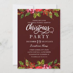 バーガンディーウォーターカラーホリーリーフクリスマスパーティー 招待状