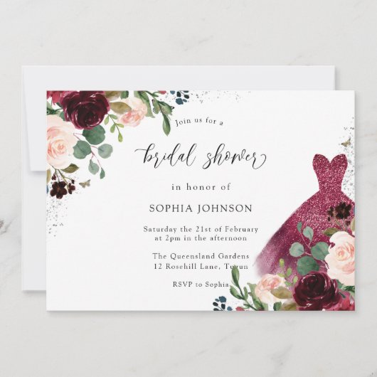 バーガンディーウォーター色フローラドレスブライダルシャワー 招待状 (正面)