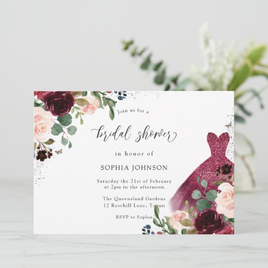 バーガンディーウォーター色フローラドレスブライダルシャワー 招待状 (スタンド正面)