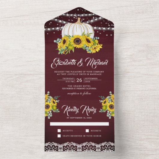 バーガンディーウッドサンフラワーズホワイトパンプキ結婚ンの オールインワン招待状 (内側)