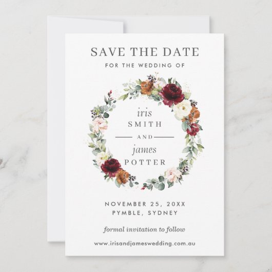 バーガンディーオレンジフローラ結婚式の日付カードを保存 招待状 (正面)