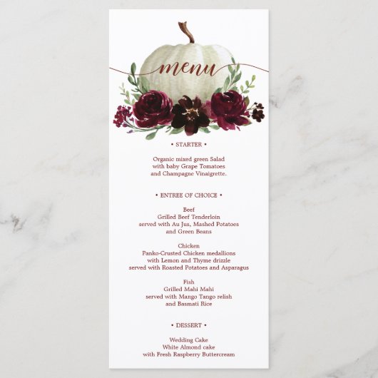 バーガンディーカボチャ秋の結婚式メニューまたはシャワーメニュー メニュー (正面)