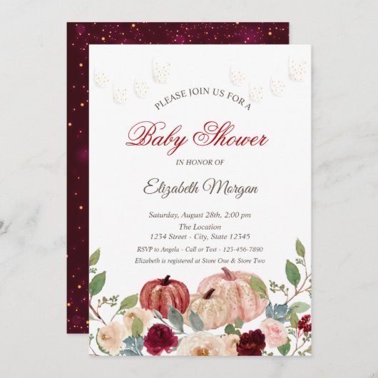 バーガンディーカボチャ，ライト，フローラベビーシャワー 招待状 (正面/裏面)