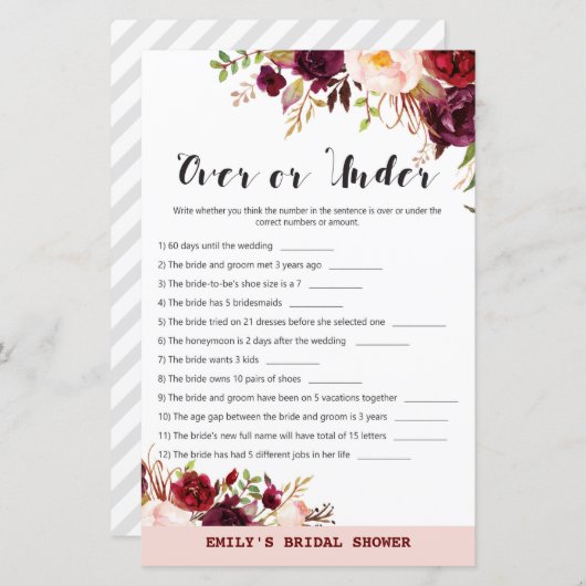 バーガンディーガーデンブライダルシャワーゲームプリント (正面/裏面)