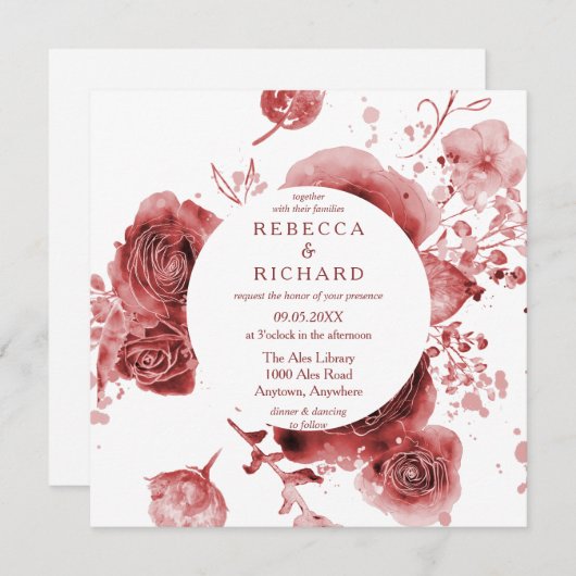 バーガンディーガーデン水の色結婚の設定 招待状 (正面/裏面)