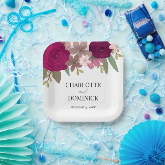 バーガンディーガーデン結婚フラワーズ ペーパープレート (パーティー)