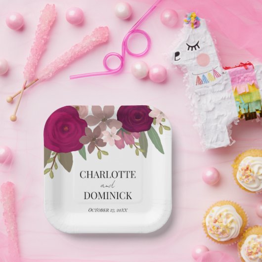 バーガンディーガーデン結婚フラワーズ ペーパープレート (パーティー)