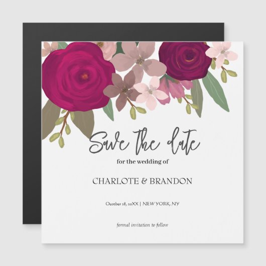 バーガンディーガーデン花の結婚式の日付を保存 マグネット招待状 (正面/裏面)