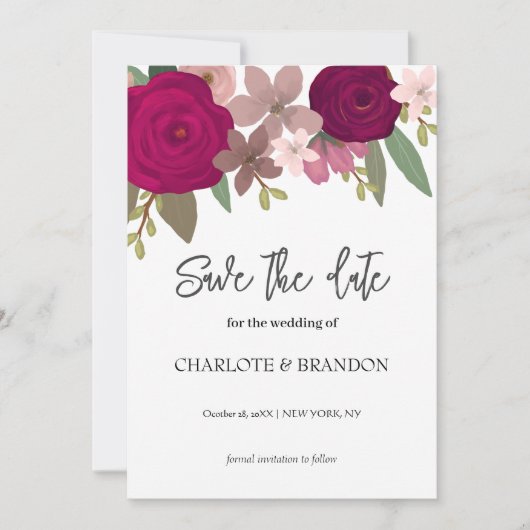 バーガンディーガーデン花の結婚式の日付を保存 招待状 (正面)