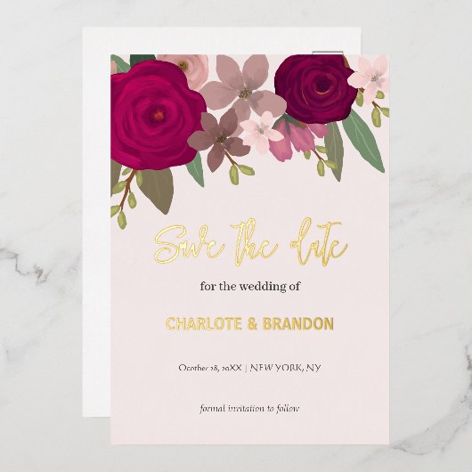 バーガンディーガーデン花の結婚式の日付を保存 箔招待状 (正面/裏面)