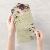 バーガンディークリーム&ピンクヴィンテージ牡丹セージQRコード オールインワン招待状 (貼ってはがせる)