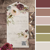 バーガンディークリーム&ピンクヴィンテージ牡丹QRコード オールインワン招待状