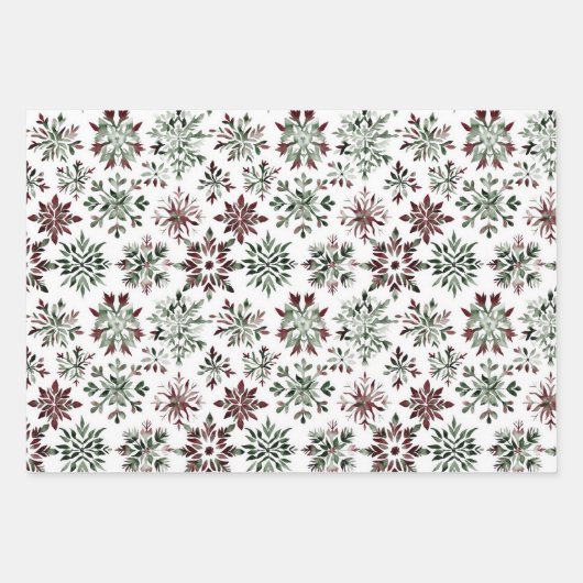 バーガンディーグリーンクリスマスオーナメントツリーズスノーフレーク ラッピングペーパーシート (正面3)