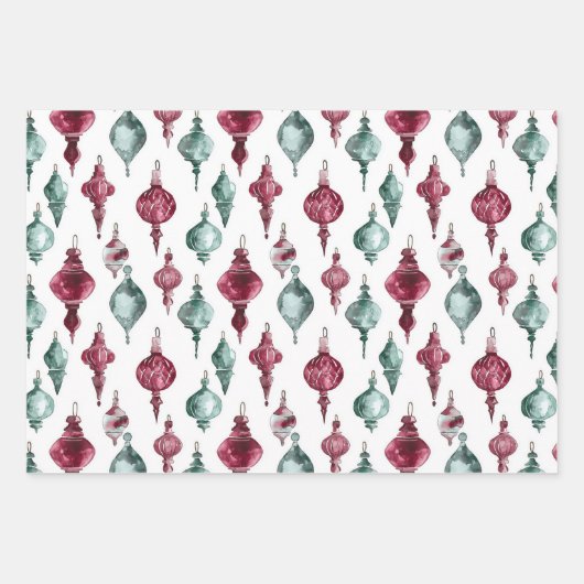 バーガンディーグリーンクリスマスオーナメントツリーズスノーフレーク ラッピングペーパーシート (正面)