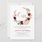 バーガンディーグリーン秋ホワイトパンプキン1st誕生日 招待状 (正面)