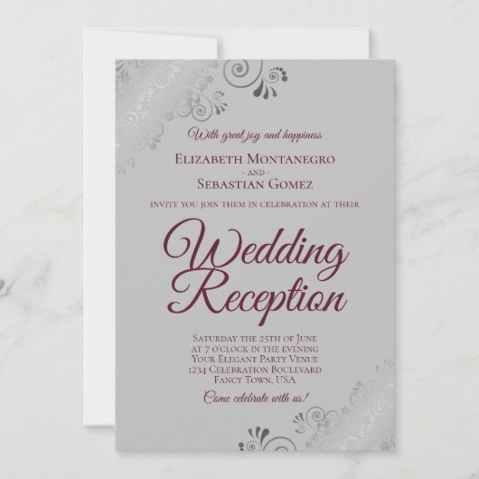 バーガンディーグレーのフリルウェディングレセプション 招待状 (正面)