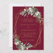 バーガンディーコーン緑の松の金ゴールド幾何結婚性 招待状 (正面)